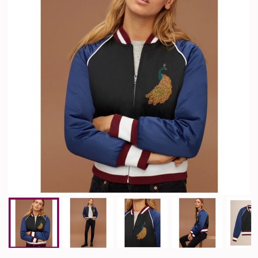 Aritzia Wilfred Embroidered Peacock Satin Bomber Jacket Size M